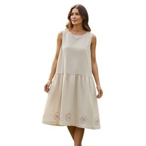 Gudrun Sjoden‎ Linen Organic Cotton Dress Beige Embroidered Midi Size M Cottage